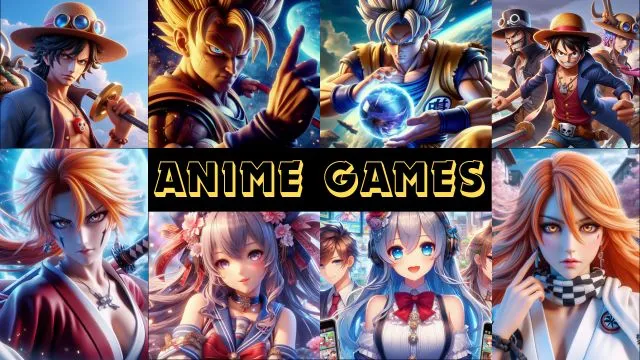 Many Anime games' characters and Anime Games written on it at center from yellow color.