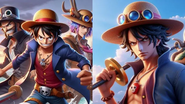 One Piece Bounty Rush game in which main characters posing with other characters on the left side and on the right side he is posing with his sword.