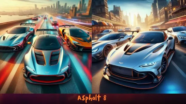 Asphalt 8 which is local multiplayer game for android showing two different sports are on road during race.