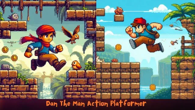 Dan the Man: Action Platformer a multiplayer game for android offline in which main character Dan is jumping over the river in 2D.