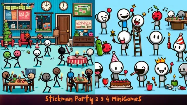 Stickman Party 2 3 4 MiniGames game multiplayer offline android in which stickmen are doing parties and celebrating birthday together happily.